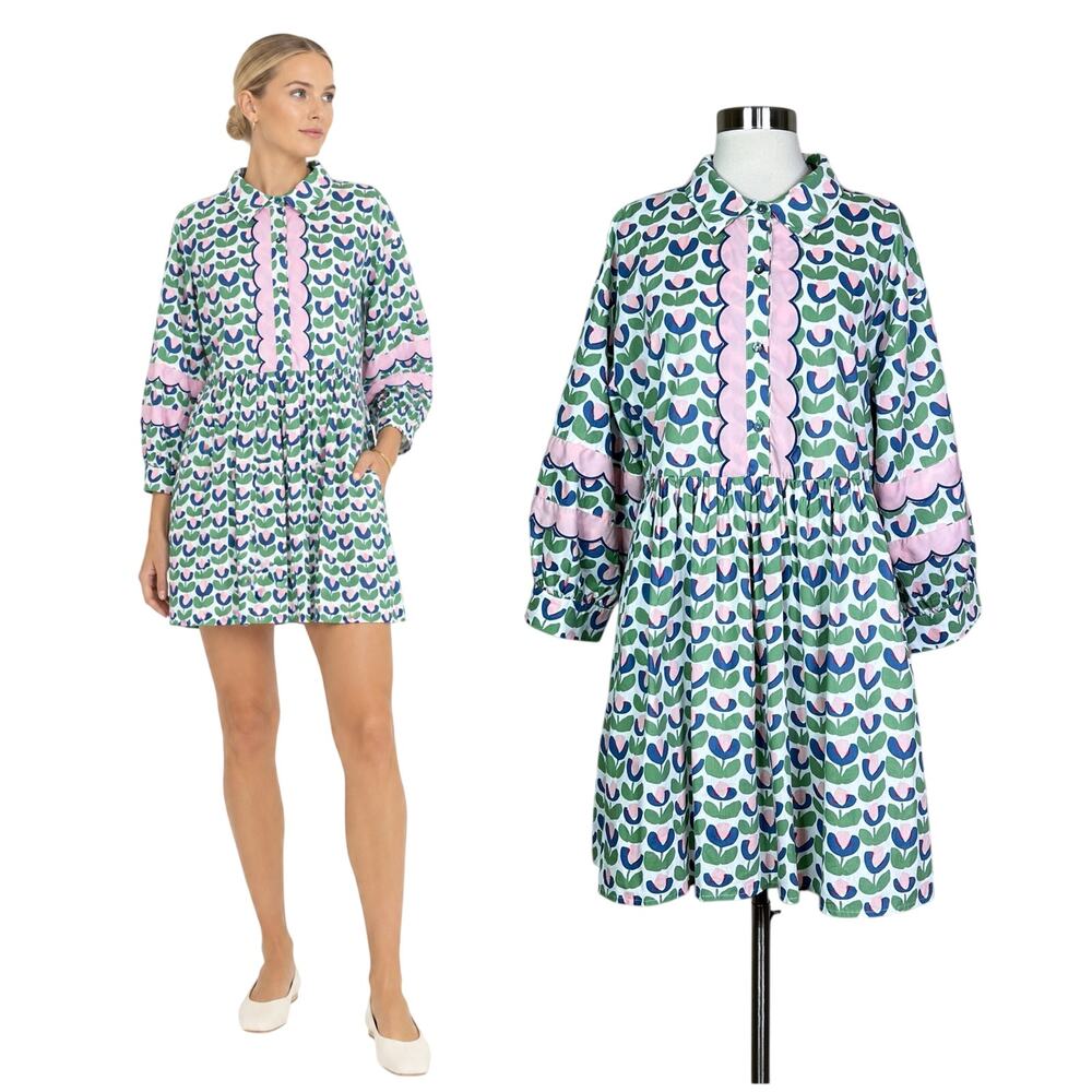 Entro | Tulip Floral Pink Green Scallop Collared Balloon Sleeve Mini Dress Large